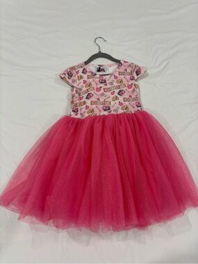 Pink Glitter Tulle Kindergarten Dress with Printed Bodice